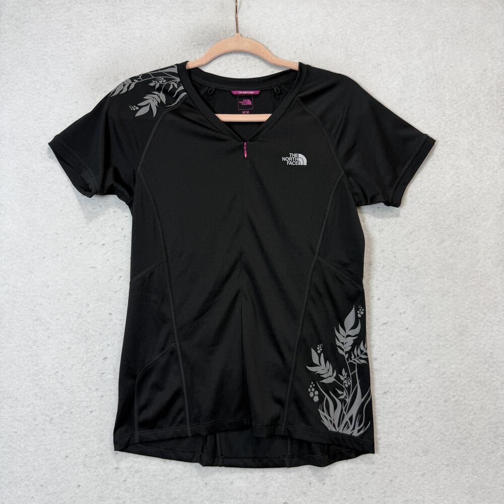 The North Face Shirt Womens Medium Black Short Sleeve V Neck Floral Running Top